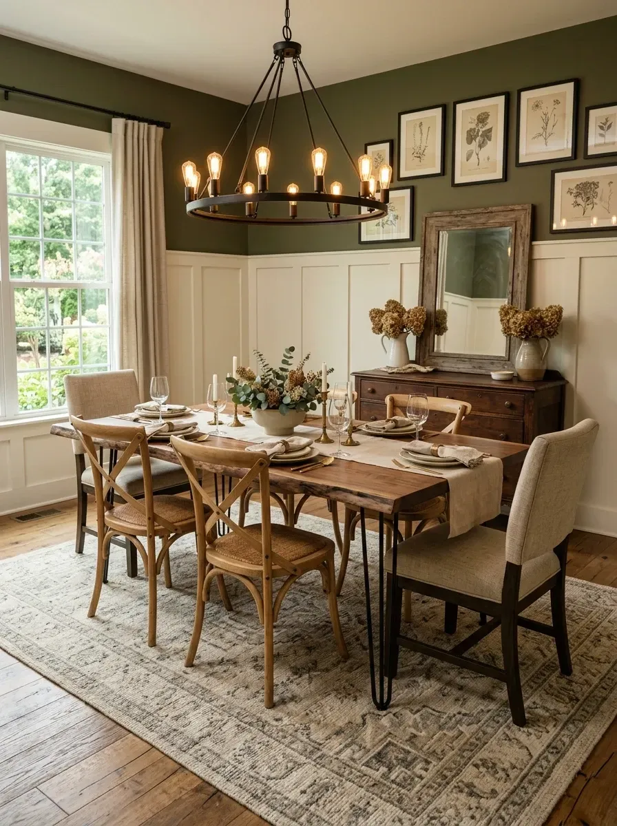Modern farmhouse dining room with live edge wood table cross back chairs wainscoting and wagon wheel chandelier
