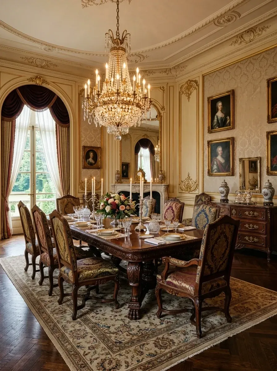 Traditional formal dining room with ornate crystal chandelier carved dark wood table and Persian rug