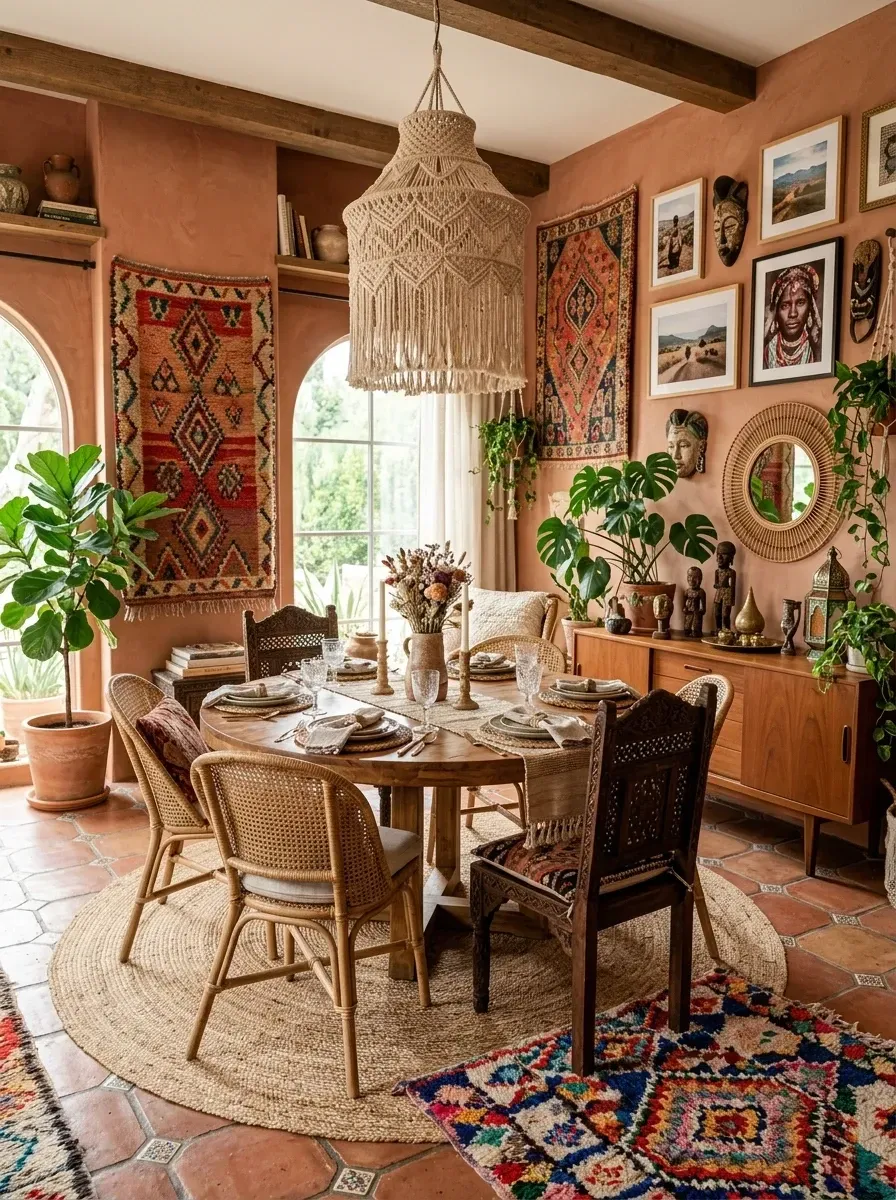 Bohemian dining room with terracotta tile floor reclaimed wood round table cane chairs and macrame pendant