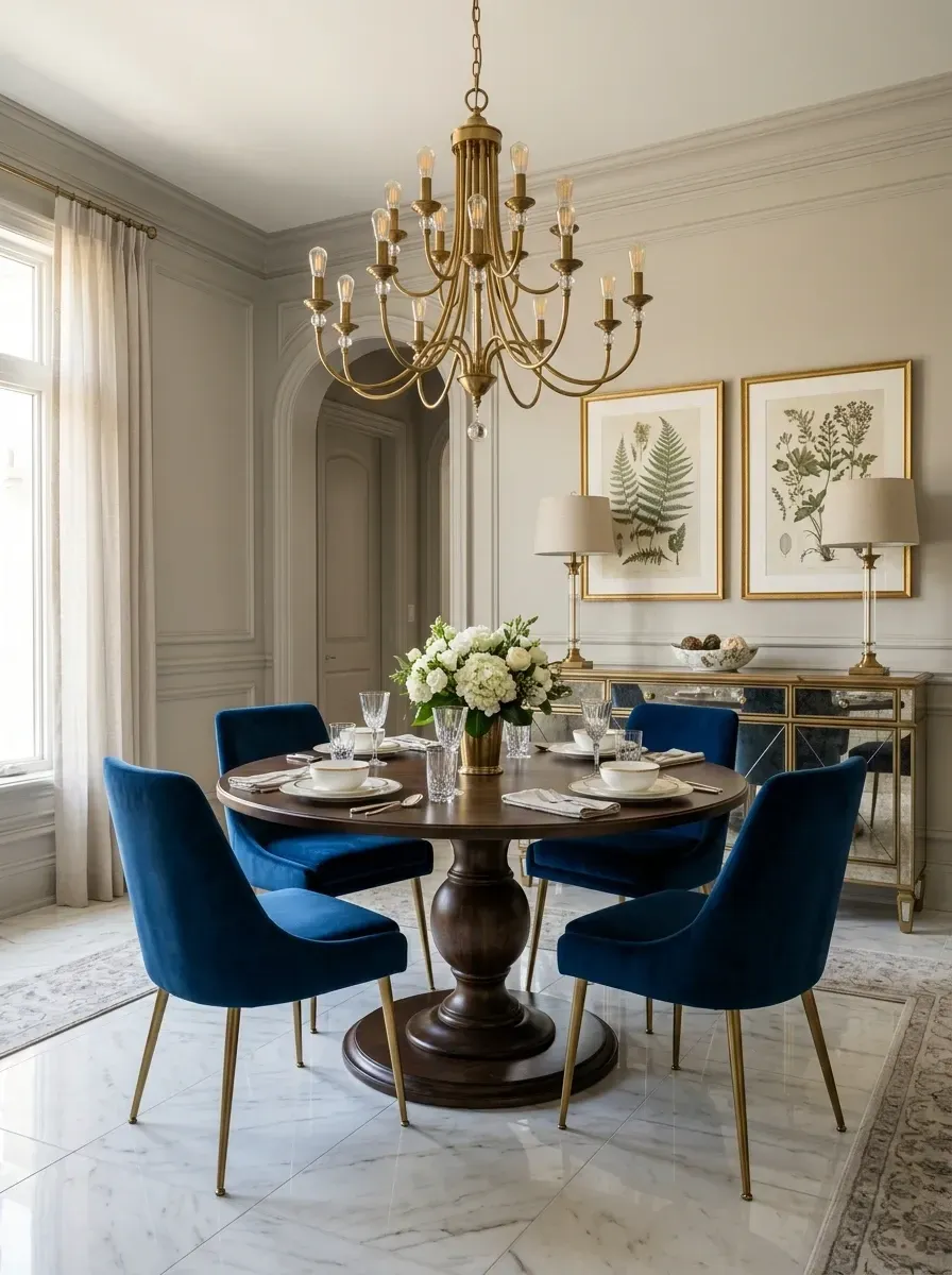 Transitional dining room with round dark wood pedestal table navy velvet chairs brass chandelier and mirrored buffet