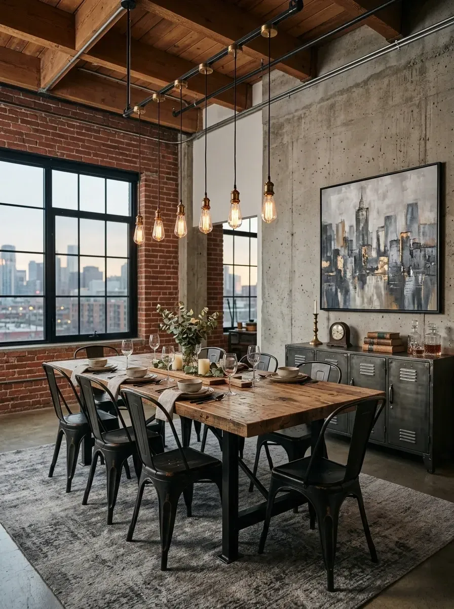 Industrial loft dining room with exposed brick wall reclaimed wood table Tolix chairs and Edison bulb pendant