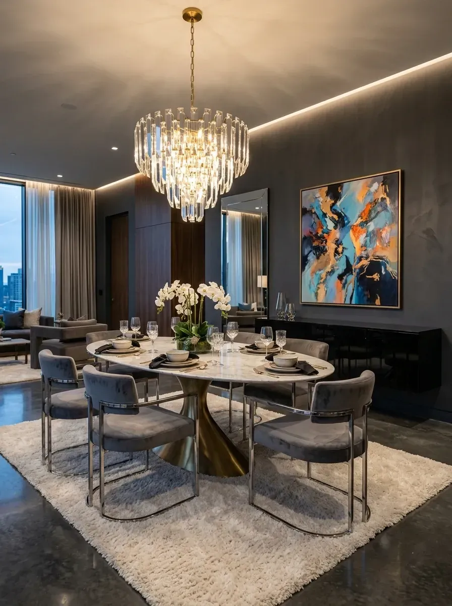 Modern luxe penthouse dining room with oval marble table grey velvet chairs crystal chandelier and dark paneled walls