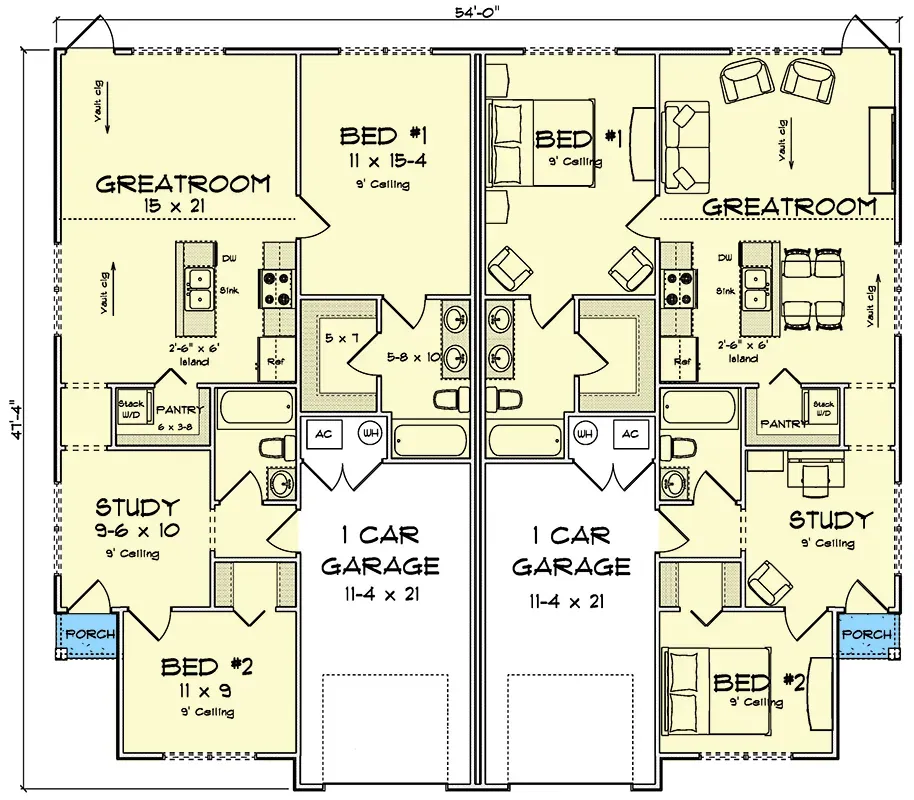 Plan 52532WM main level floor plan showing two mirrored 946 sq ft modern ranch duplex units with covered front porch foyer flex study secondary bedroom guest bath open great room L-shaped kitchen with island walk-in pantry primary suite at rear with walk-in closet dual vanity bath laundry closet and one-car garage