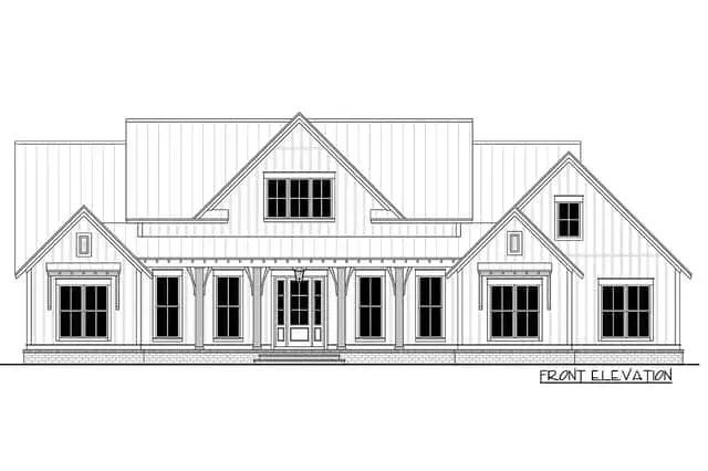 Angled front porch view showing the covered entry detail with tongue-and-groove cedar porch ceiling and Visual Comfort gooseneck sconces flanking the front door