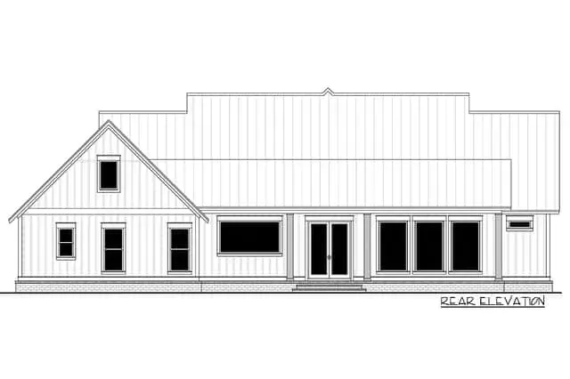 Evening rendering of Plan 51814HZ showing warm interior lighting glowing through the large windows and the covered front porch illuminated by wall-mounted lanterns