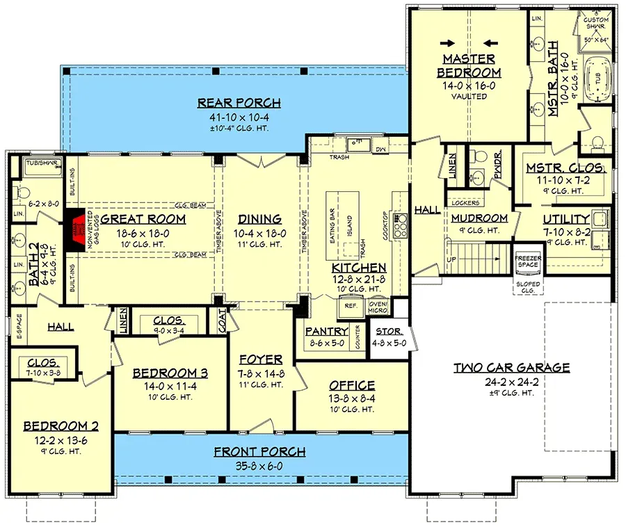 Main level floor plan of Plan 51814HZ showing an open great room with fireplace and timber beams, kitchen with large island and walk-in pantry, dedicated home office off the foyer, split-bedroom primary suite, two secondary bedrooms sharing a Jack-and-Jill bath, mudroom with lockers, and covered rear porch