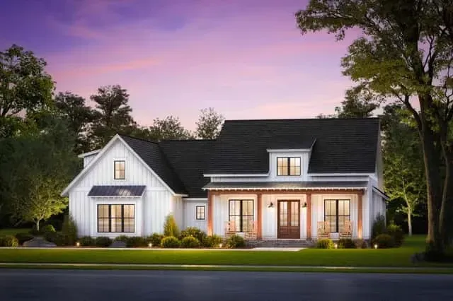 Rear elevation with covered porch, large gable and connection to great room