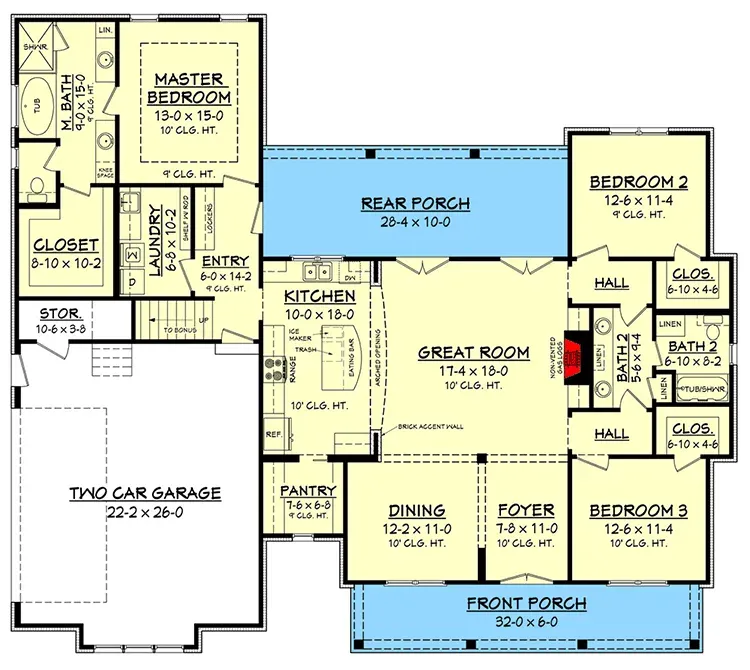 Main level floor plan of 2077 sq ft split-bedroom modern farmhouse with open great room, kitchen island, walk-in pantry, mudroom-laundry service run and primary suite with closet-to-laundry pass-through