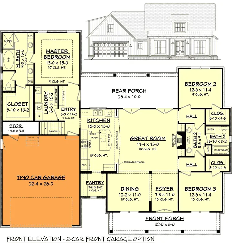 Alternate garage layout with 2-car front-loading entry for deeper lots or urban infill
