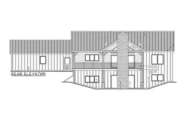 Rear covered porch with timber trusses, ceiling fan, and outdoor seating facing a landscaped yard, part of plan 135188GRA