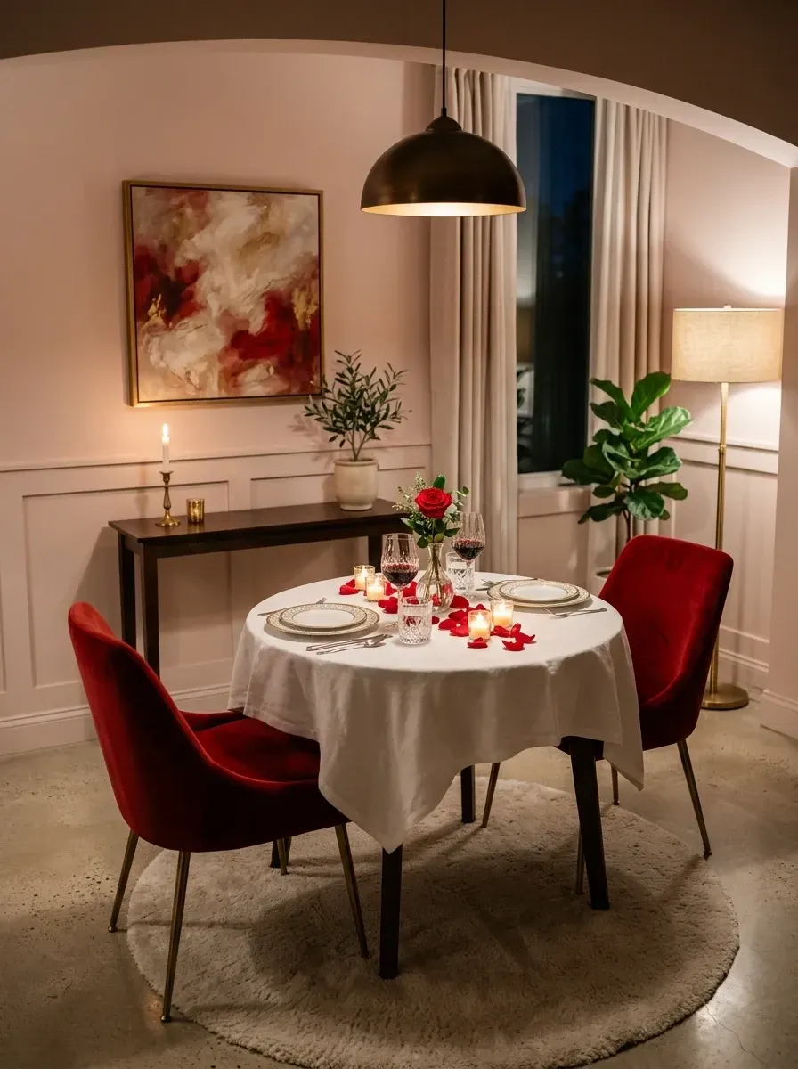 Intimate Valentine's dinner for two with soft blush pink wainscoting walls, ruby red velvet dining chairs, round white-linen-dressed dining table with red rose centerpiece and petals, brass pendant light, gold-framed abstract art, and cream jute rug