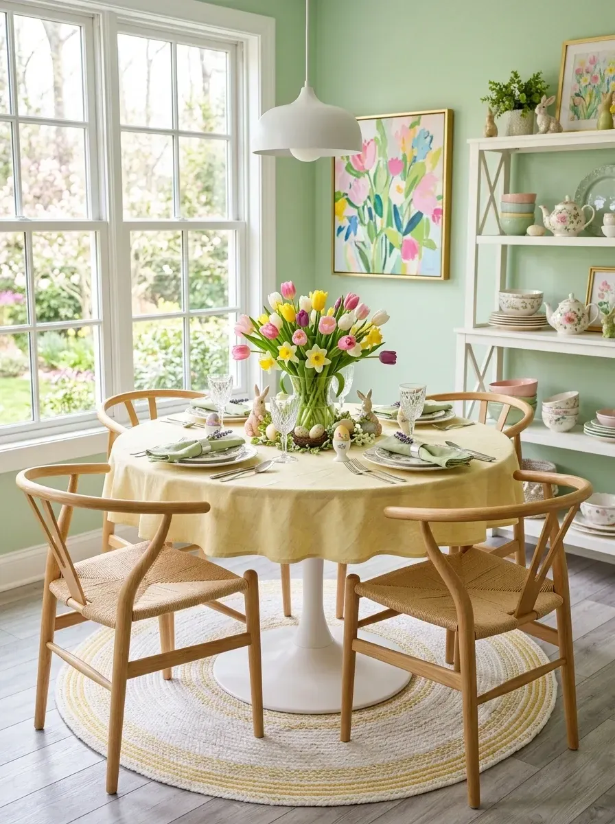 Pastel Easter brunch dining room with mint green walls in Benjamin Moore Palladian Blue HC-144, white Saarinen-style tulip pedestal dining table, four Carl Hansen Wishbone CH24 natural oak dining chairs, round braided natural jute rug, soft white ceramic pendant, white etagere styled with pale pastel porcelain, large bouquet centerpiece of pink and white garden tulips in a clear glass vase, hand-dyed Easter eggs in a shallow ceramic bowl, framed Redoute botanical floral art