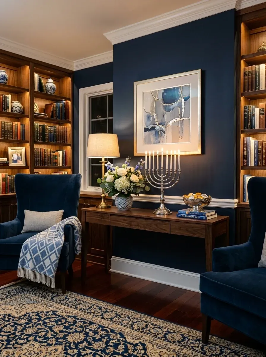 Hanukkah library with deep blue walls in Farrow and Ball Stiffkey Blue No. 281, floor-to-ceiling custom stained walnut bookshelves, pair of Pottery Barn Thatcher velvet wingback armchairs in deep indigo, 18-inch hand-forged sterling silver menorah on an English antique walnut console table, framed Marc Chagall stained-glass print, large Oriental wool area rug in midnight blue and cream, antique brass banker's lamp