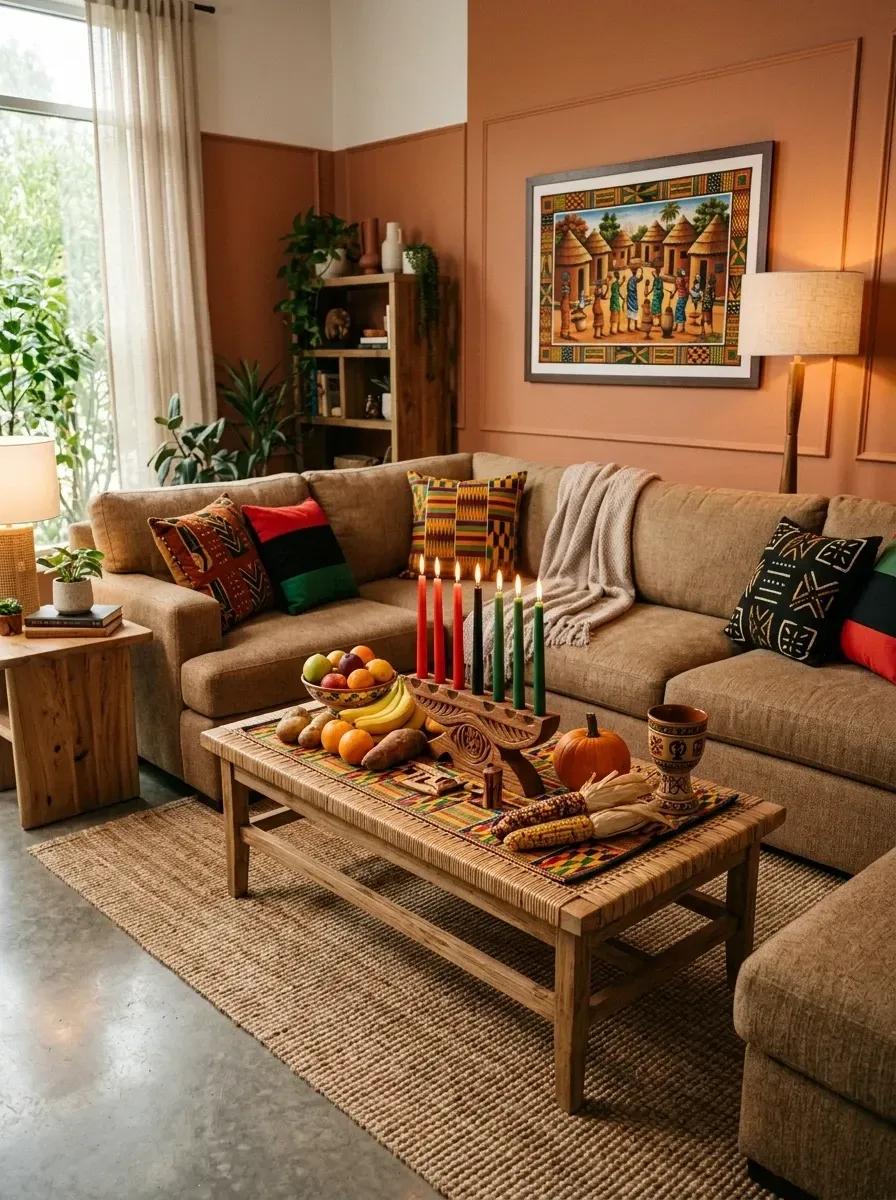 Warm Kwanzaa living room with terracotta accent wall, warm beige sectional sofa layered with Kente cloth and mud cloth patterned pillows, seven-branched wooden kinara on a live-edge walnut coffee table, African art gallery wall, large Nigerian indigo mud cloth throw, natural jute rug, and dark green accent plants