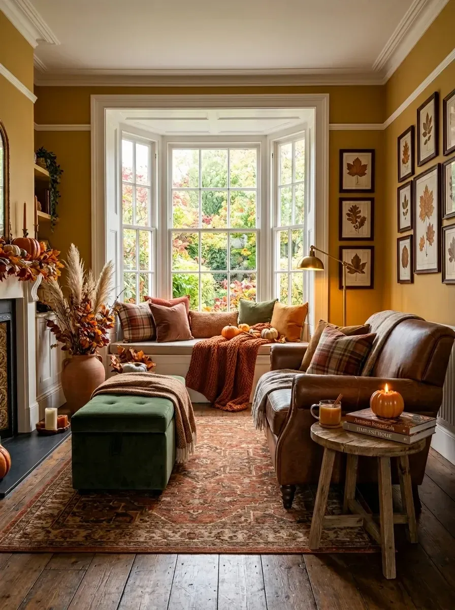 Cozy autumn window seat nook with mustard yellow walls in Benjamin Moore Sherwood Tan HC-88, bay window seat piled with chunky knit cream throws and burnt orange velvet pillows, vintage Chesterfield leather armchair in saddle brown, fireplace with dried hydrangea garland and white heirloom pumpkins, gallery wall of pressed botanical leaf prints, rustic walnut side table