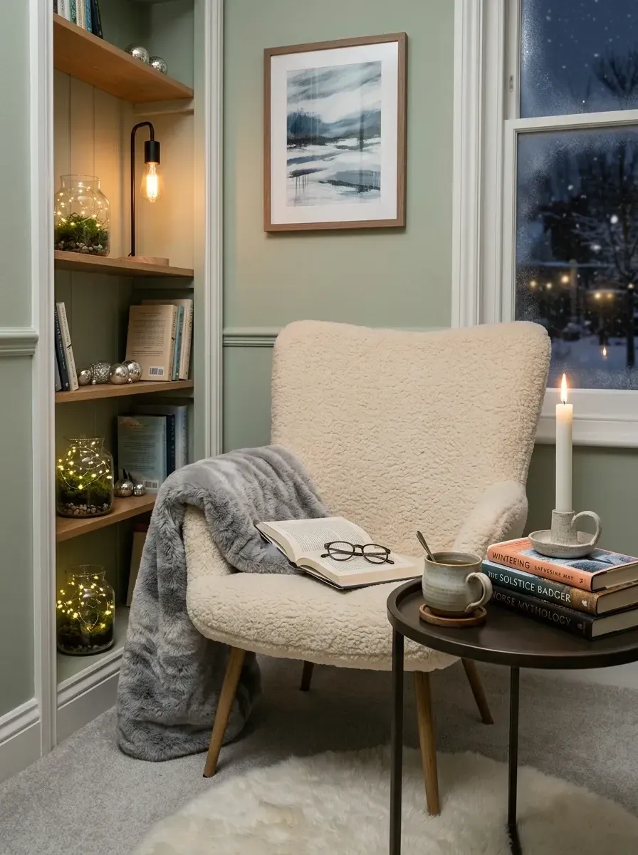 Serene winter reading corner with soft sage green walls in Farrow and Ball Card Room Green No. 79, custom built-in bookshelves, cream sherpa Article Quadra accent chair, small brass and marble side table, three Mercury glass jars filled with battery-operated fairy lights, cream faux Icelandic sheepskin throw, snowy window view, cream bouclé rug