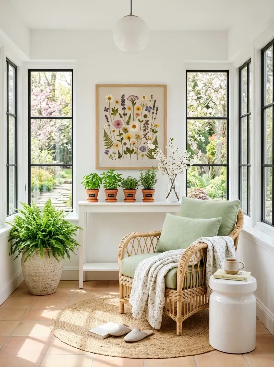 Bright spring sunroom with floor-to-ceiling Marvin Ultimate windows, crisp white walls in Benjamin Moore Chantilly Lace OC-65, natural Serena and Lily Riviera rattan armchair with soft mint performance-linen cushions, white console with terracotta-potted herb garden, large Boston fern, botanical print, terracotta tile flooring, natural jute round rug
