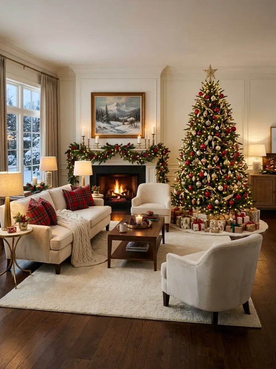 Traditional Christmas living room with 9 ft pre-lit Balsam Hill Fraser Fir flocked with ornaments and red-and-gold mercury glass, stone fireplace dressed with lit Balsam Hill cedar garland and stockings, Pottery Barn Charleston cream sofa with red buffalo check Pendleton throws, two wingback armchairs in linen, wool area rug, traditional oil-painting landscape above the mantel