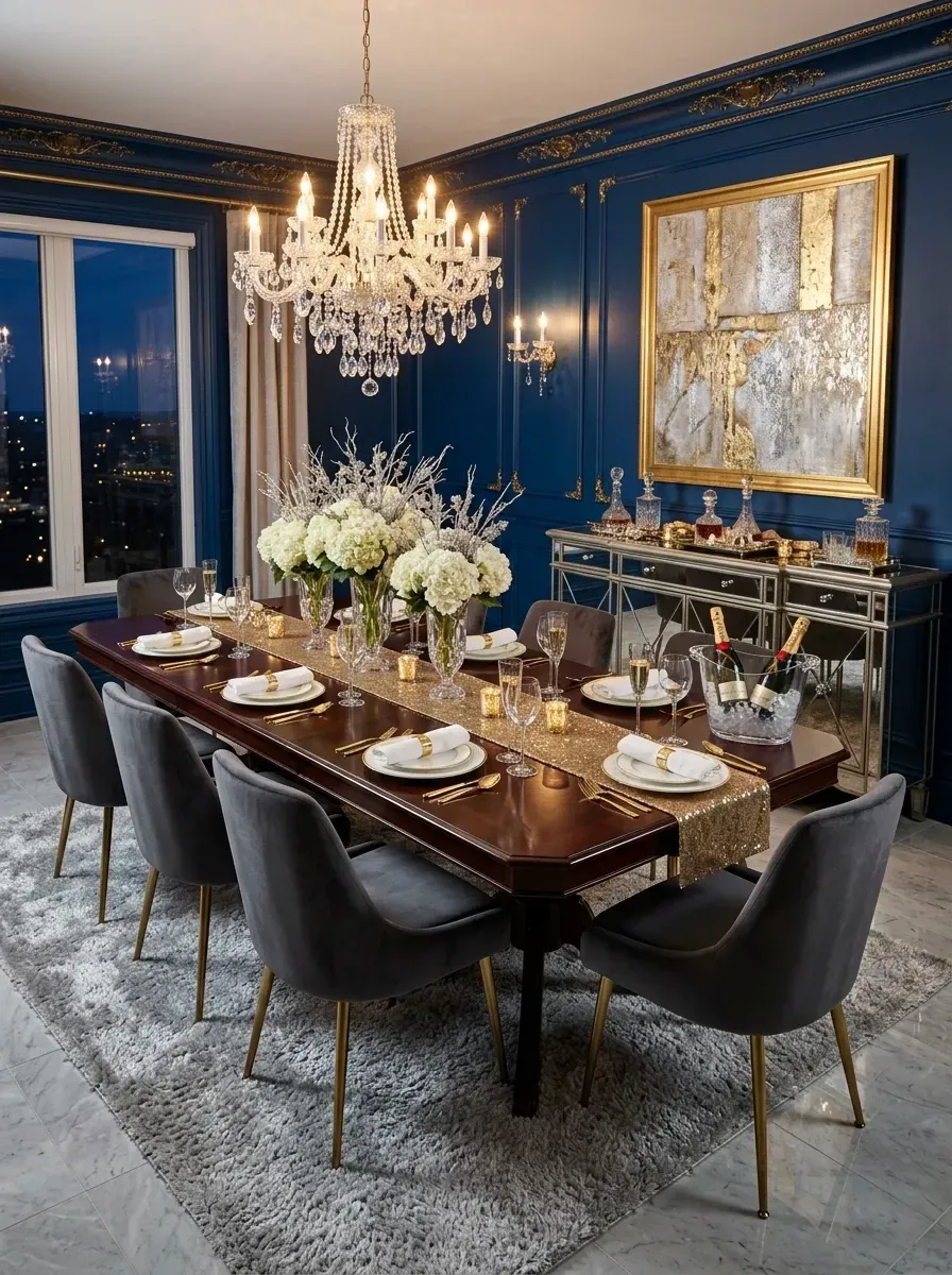 Elegant New Year's Eve dining room with deep navy walls in Benjamin Moore Hale Navy HC-154 with applied moulding, large Visual Comfort crystal chandelier, mirrored Restoration Hardware buffet sideboard, Lulu and Georgia Louisa navy velvet dining chairs, 96-inch walnut trestle table, gold sequin table runner with white floral centerpieces and champagne flutes