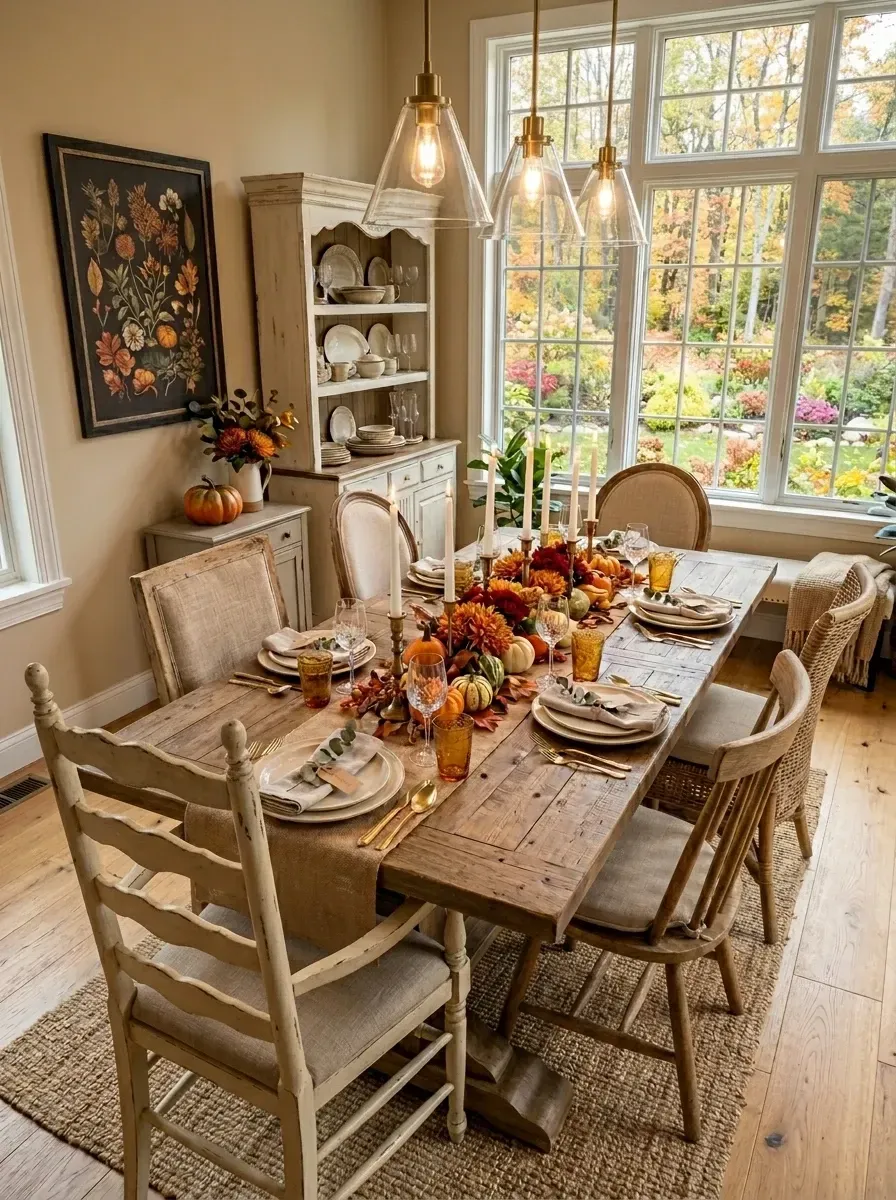 Rustic farmhouse Thanksgiving dining room with reclaimed oak 10 foot harvest table, mismatched vintage bentwood and ladder-back dining chairs, large reclaimed-wood hutch filled with heirloom pottery and white ironstone, abundant autumn centerpiece running the table length with white heirloom pumpkins, dried hydrangeas, sage, and taper candles, linen burlap runner, bead-board ceiling with three Visual Comfort pendant lights