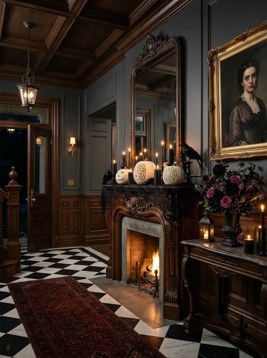 Gothic Halloween foyer with charcoal grey walls in Farrow and Ball Down Pipe No. 26 with wainscoting, ornate carved wood fireplace surround, large gilded antique mirror above the mantel, Pottery Barn Tanner ornate console table with dark floral arrangement of black dahlias and burgundy calla lilies in a bronze urn, three carved white faux pumpkins, black pillar candles, vintage Persian-style runner rug in deep burgundy, black-and-white checkered marble floor