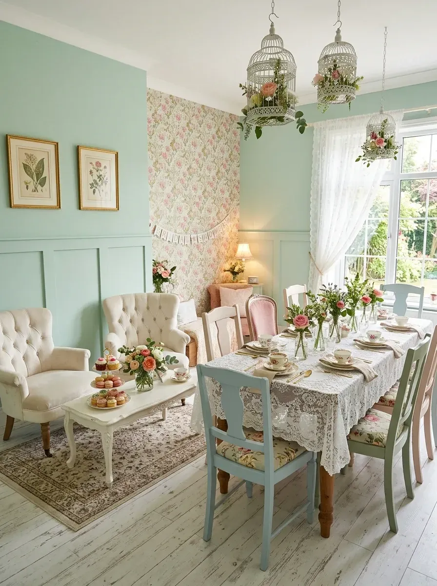 Vintage pastel tea party celebration decor with mint green paneling, floral wallpaper, lace tablecloths, and birdcage chandeliers