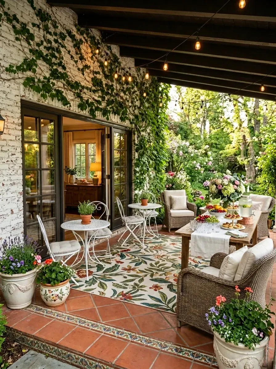 Rustic alfresco garden party patio with terracotta tile, ivy-covered brick wall, wood pergola, bistro string lights, and wicker lounge furniture