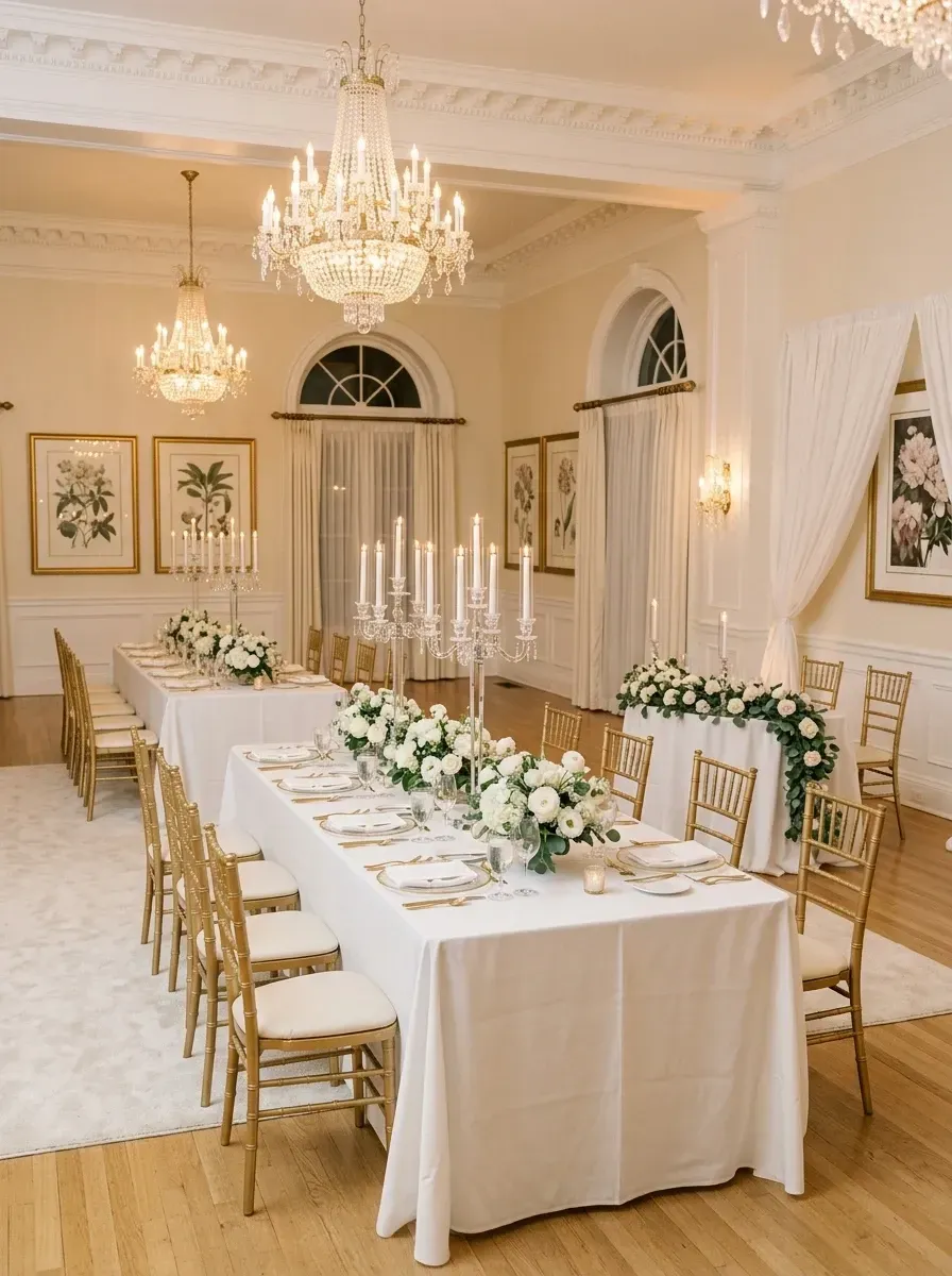 Classic white and gold ballroom wedding reception with crystal chandeliers, gold Chiavari chairs, long tables with white floral runners, and tall arched windows
