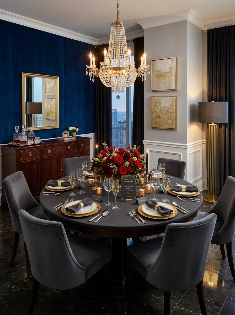 Luxe moody anniversary dinner room with deep navy velvet upholstered wall, dark marble flooring, crystal chandelier, charcoal velvet chairs, and gold accents