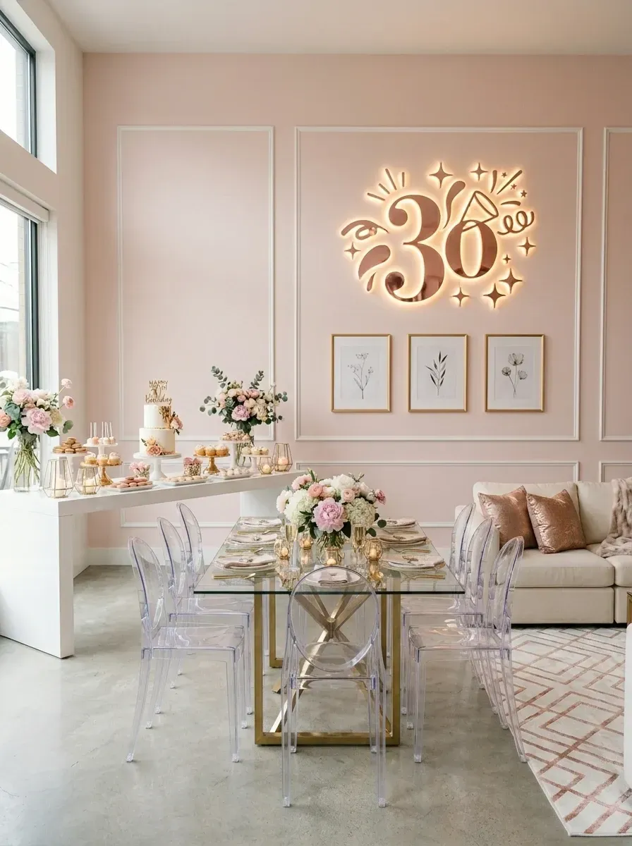 Modern glam milestone birthday loft with blush pink walls, picture frame molding, polished concrete floors, illuminated sign, glass and gold dining table, and clear acrylic ghost chairs
