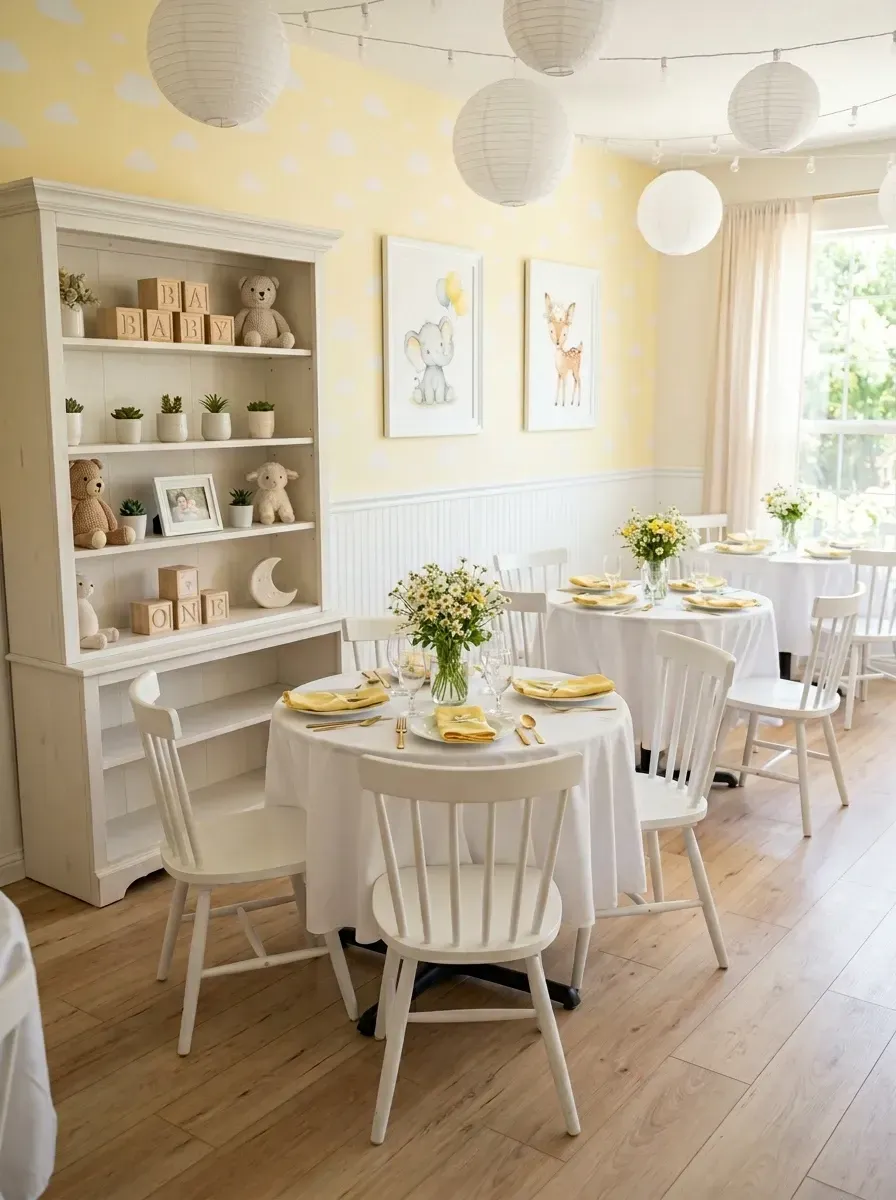 Sunny yellow farmhouse baby shower room with cloud wallpaper, white beadboard wainscoting, white spindle dining chairs, paper lantern ceiling decor, and nursery animal art