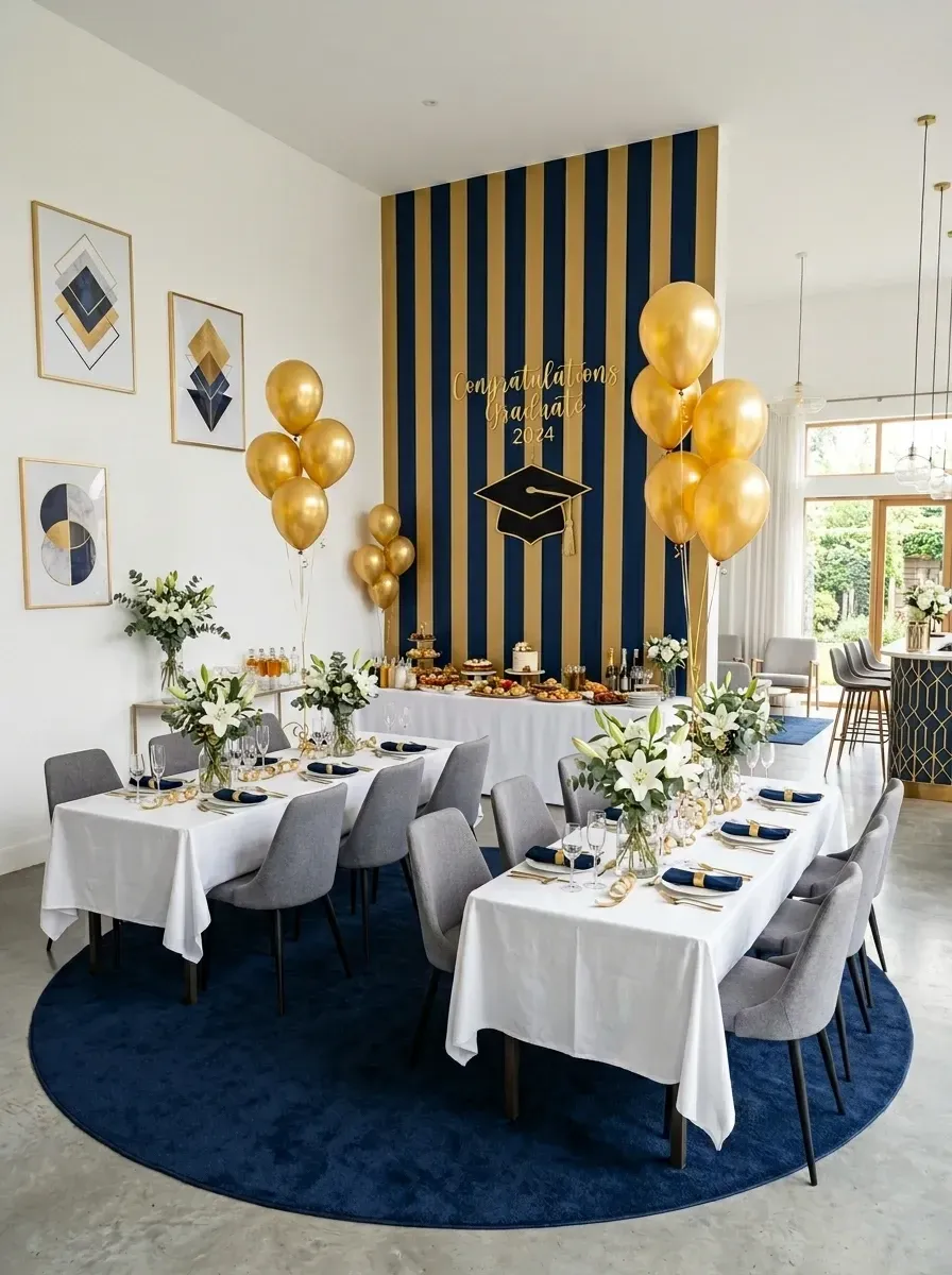 Bold navy and gold graduation party with floor-to-ceiling striped accent wall, polished concrete floors, large round navy rug, custom signage, and gold balloon bouquets
