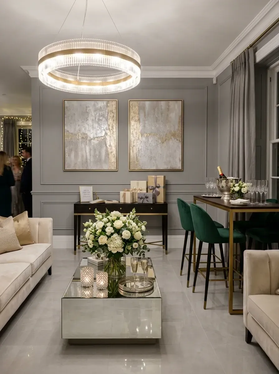 Elegant grey and emerald holiday gathering with picture frame molding, modern gold ring chandelier, beige velvet sofa, mirrored coffee table, and emerald green velvet bar stools