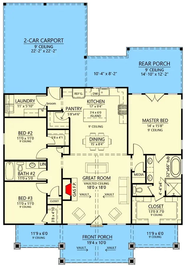 Main level floor plan for 1,677 sq ft three-bedroom modern farmhouse with vaulted great room and split bedroom layout