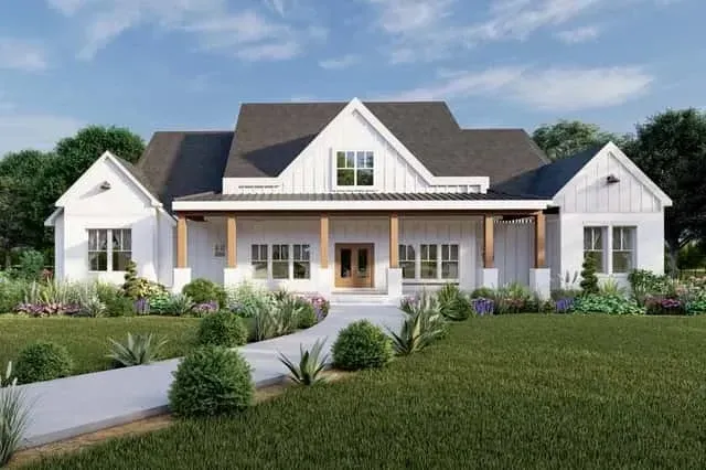 Side elevation highlighting the board-and-batten siding, dark-framed single-hung windows, and transition to stone veneer at the foundation line