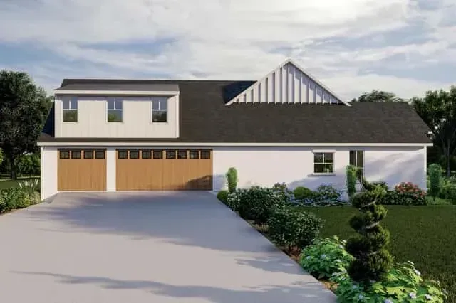 Rear elevation showing the covered back porch with outdoor fireplace, stone chimney, and large windows serving the great room and primary bedroom