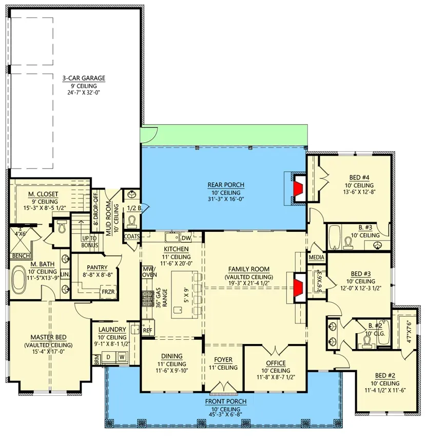 Main level floor plan of the 2,841 sq ft modern farmhouse showing vaulted great room, split-bedroom layout, large kitchen with island, dining area, home office, and 3-car garage