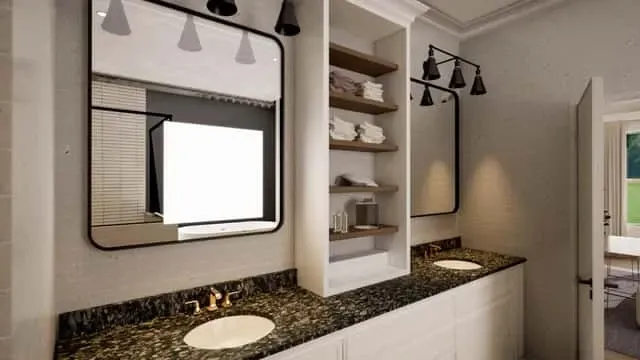 Kitchen view with large quartz-topped island, shaker-style cabinetry in warm white, black matte faucet fixtures, and pendant lighting over the seating side