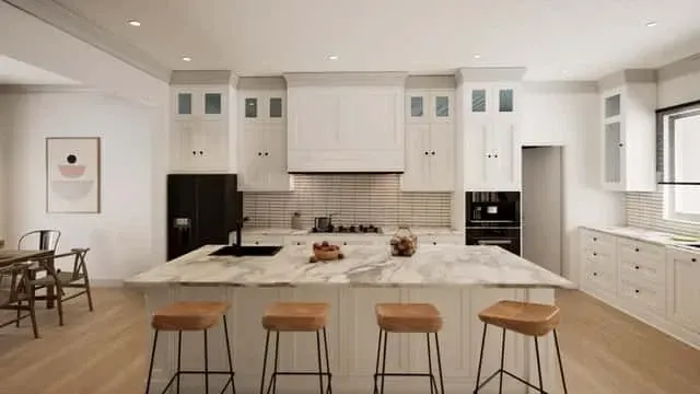 Primary bathroom with freestanding soaking tub, separate zero-threshold shower, double vanity, and large-format porcelain flooring