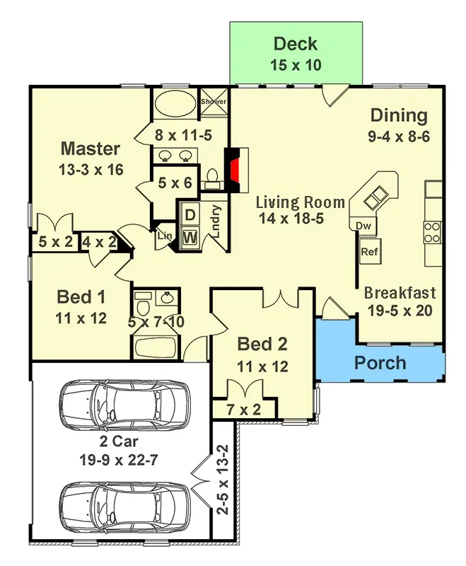 Main level floor plan of the 1,464 sq ft French Country ranch showing the split-bedroom layout with primary suite on the left, two secondary bedrooms on the right, central living room open to dining and kitchen, large 19x20 flex breakfast room with rear porch access, and 2-car garage