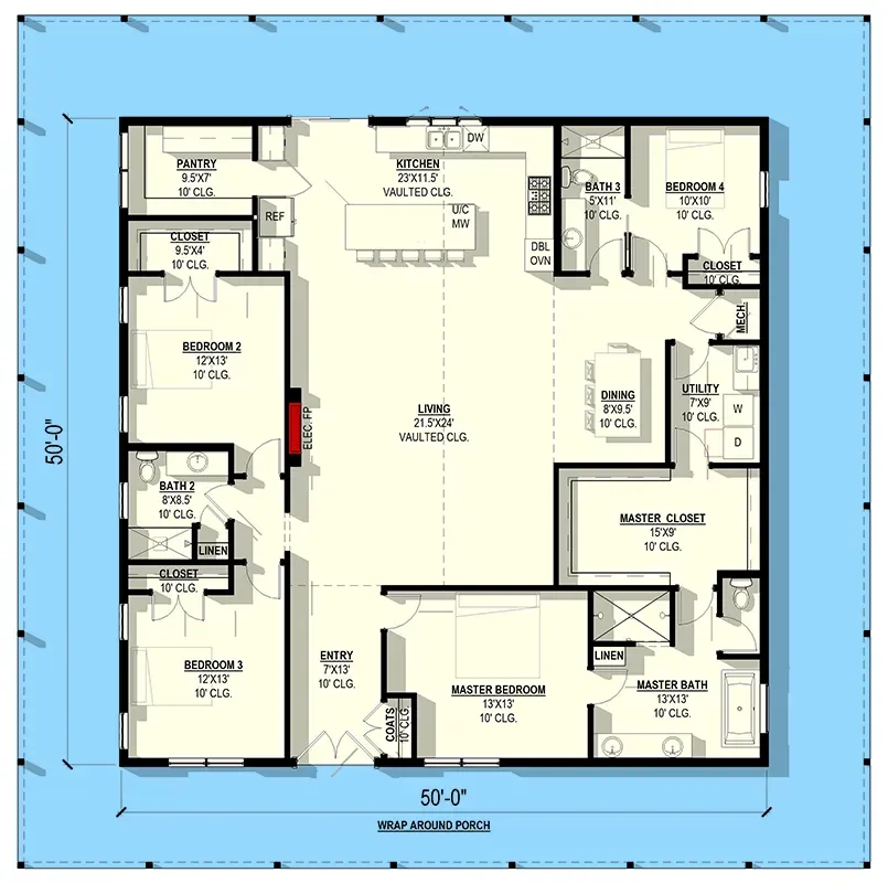 Plan 405135FDC main level floor plan showing 2500 sq ft single-story modern barndominium with central open-concept great room kitchen and dining area under vaulted ceilings 9-foot kitchen island substantial walk-in pantry split-bedroom design primary suite with dual vanity bathroom walk-in closet pass-through to laundry room two secondary bedrooms sharing Jack-and-Jill bathroom fourth bedroom adjacent to full hall bath and 1856 square foot wrap-around porch enveloping the entire home