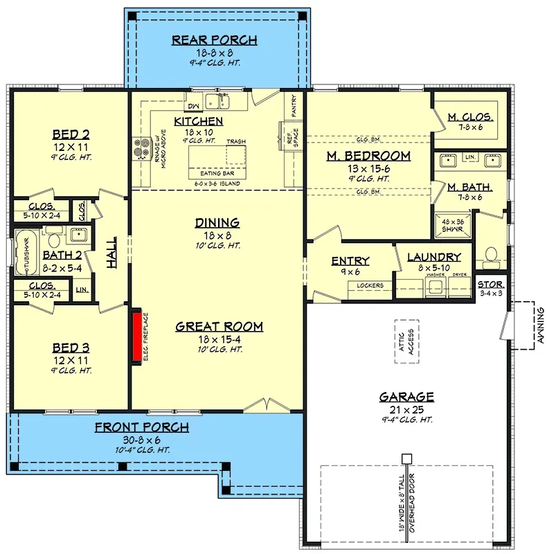 Main level floor plan of 1523 sq ft single-story modern farmhouse Plan 52037HZ with split-bedroom layout, open great room dining kitchen, kitchen island with eating bar, walk-in pantry, mudroom with lockers and Jack and Jill bathroom