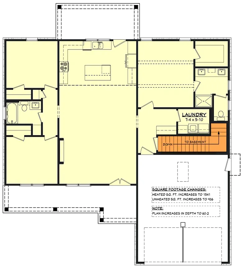 Alternate main level for Plan 52037HZ showing basement stair location replacing the mudroom locker zone for buyers building on a basement foundation