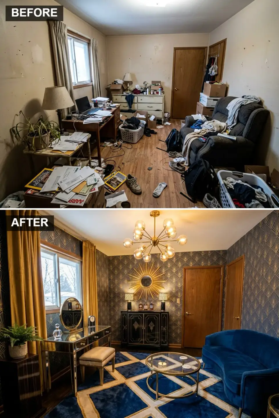 Charleston spare bedroom Art Deco makeover with navy geometric wallpaper gold sputnik chandelier and mirrored vanity