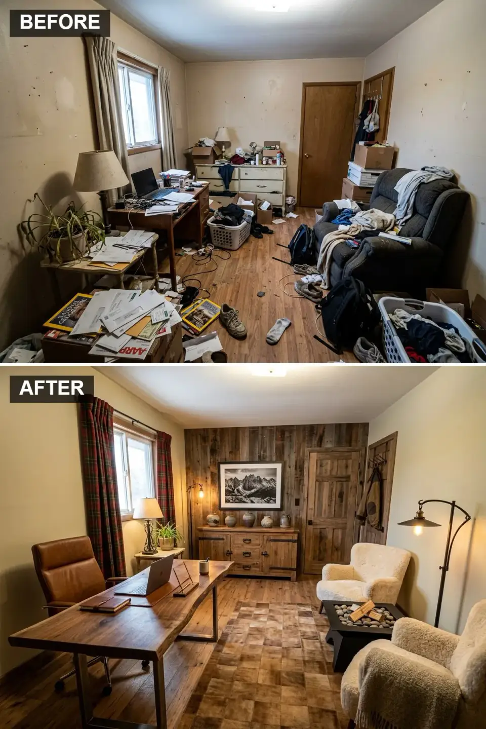 Charleston spare bedroom rustic cabin makeover with reclaimed wood wall live-edge desk leather chair Charleston
