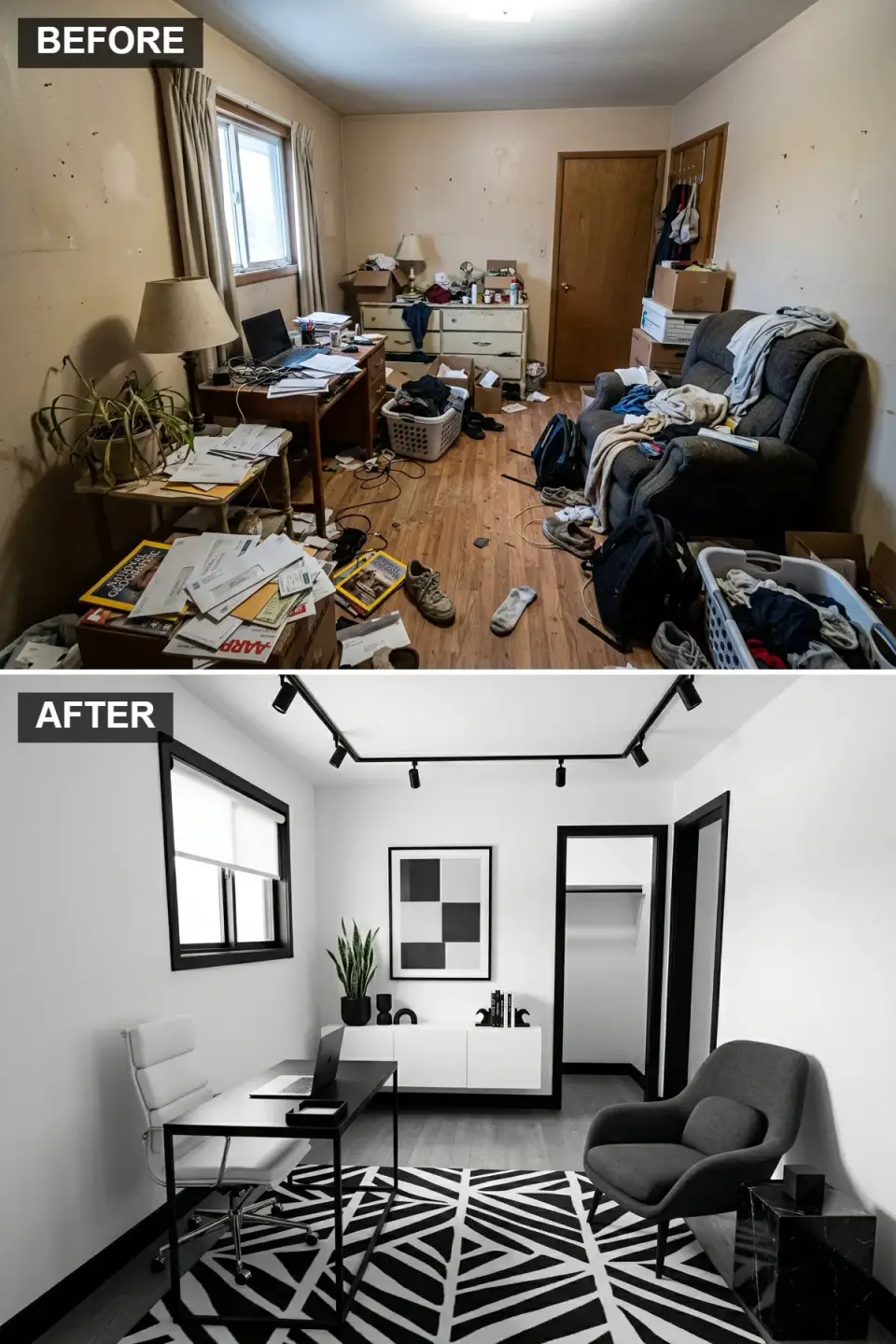 Minimalist monochrome home office with black trim white walls geometric rug Charleston