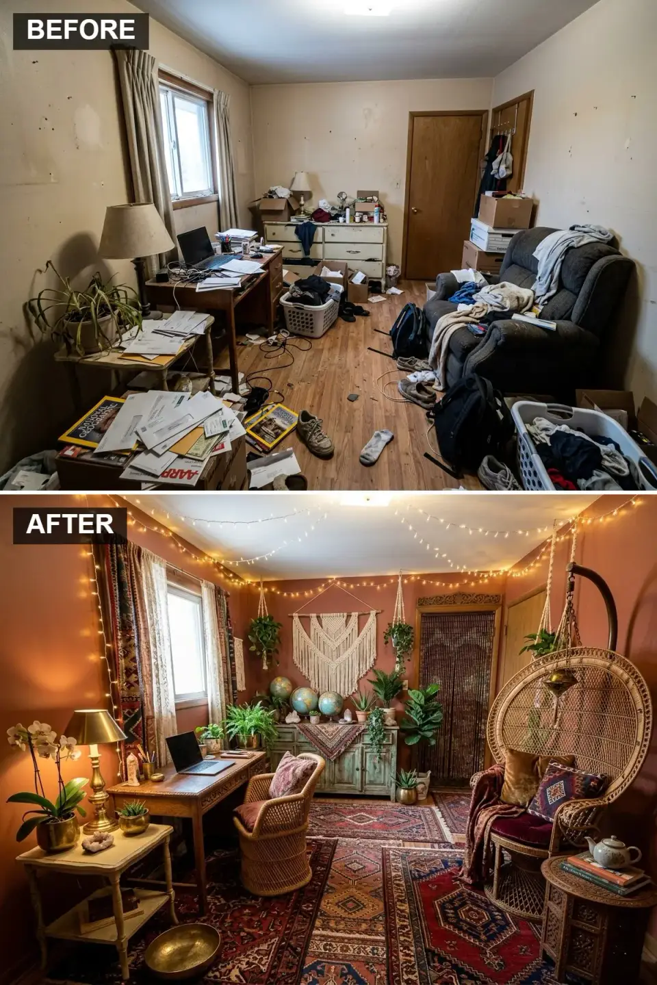 Boho plant haven spare bedroom with terracotta walls macrame wall hanging peacock chair string lights Charleston