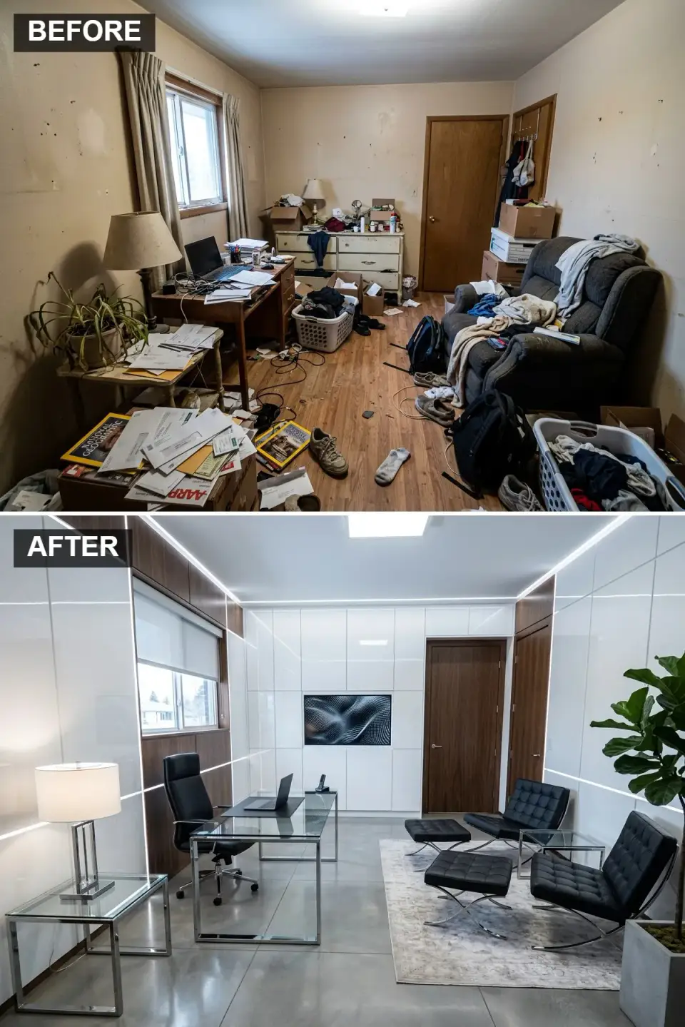 Futuristic home office with LED wall panels integrated monitor glass desk chrome chairs Charleston