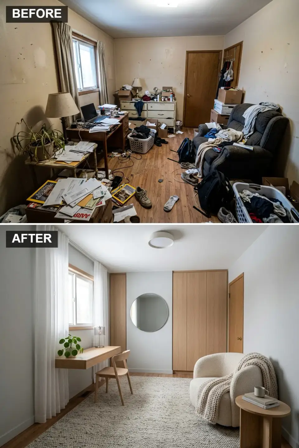 Scandinavian minimalist spare bedroom with built-in light wood wardrobes floating desk round mirror boucle chair Charleston