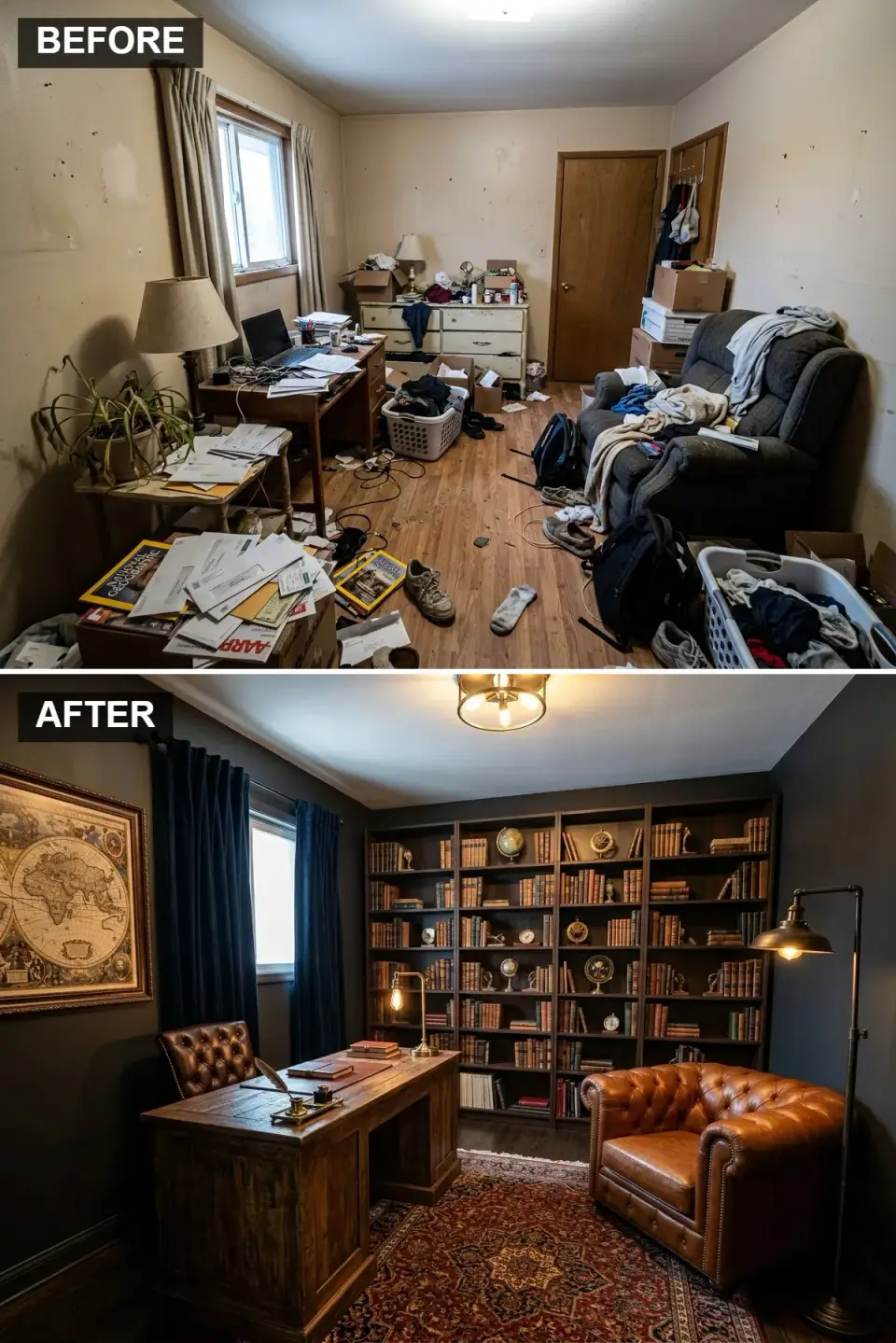 Dark Academia home library with charcoal walls floor to ceiling bookshelves leather tufted chair vintage map Charleston
